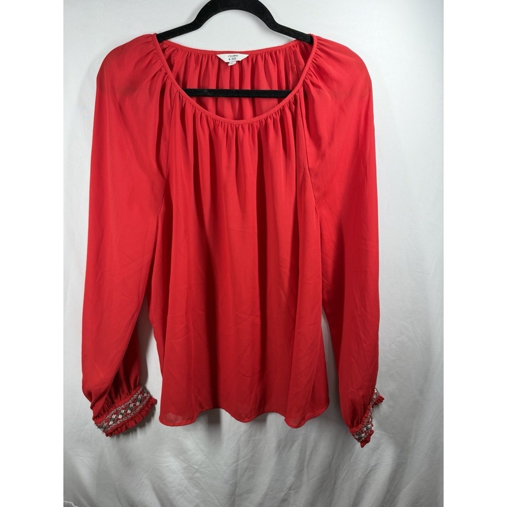 Crown & Ivy Red Peasant Blouse Beaded Embroidered Cuffs Long Sleeve Large